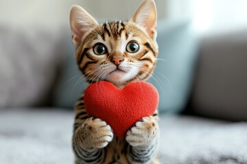 Toyger - my preferred cat, symbol of care. Cute toyger baby cat with animal toy red heart at cozy abode. Promotion companion idea. Cute cat in love mood. Kitten and heartwarming moment.
