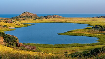 Panoramic view of a tranquil lake surrounded by savanna grasslands and rocky hills, overlooking a coastal plain