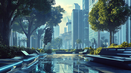 Futuristic City Park with Glowing Pathways and Skyscraper View