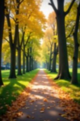 Naklejka premium Blurred park scene, out of focus trees and foliage, sunlight, picturesque, blur