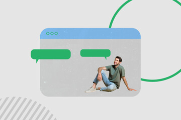 Exclusive art banner collage of happy man sit inside webpage icon correspondence chatterbox notification speech messenger