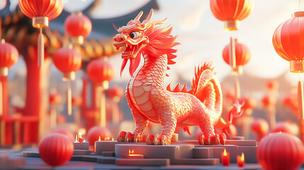 Naklejka premium Statue of a dragon and Chinese lanterns. Celebration of the Chinese New Year, year of the Dragon