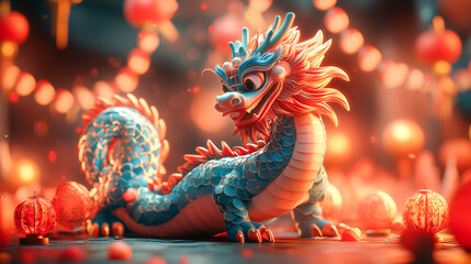 Fototapeta premium Statue of a dragon and Chinese lanterns. Celebration of the Chinese New Year, year of the Dragon