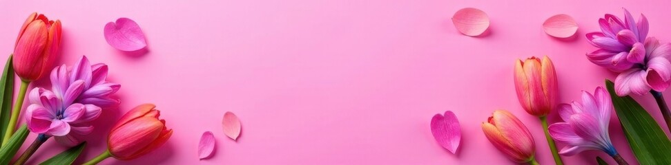 Fototapeta premium Bright hyacinths and crocuses scattered on vibrant pink paper, spring blossoms, floral background