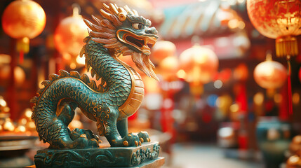 Fototapeta premium Statue of a dragon and Chinese lanterns. Celebration of the Chinese New Year, year of the Dragon