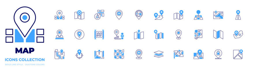 Map icon collection. Bold line style. Duotone colors. google maps, architecture, map, placeholder, location, street map, map pointer, target