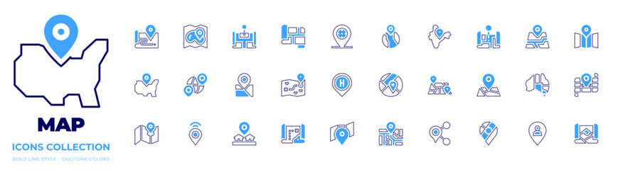 Map icon collection. Bold line style. Duotone colors. map, google maps, placeholder, maps, india, australia