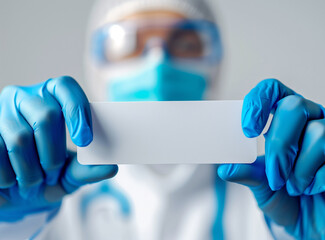 A close-up of hands in blue gloves holding up an empty white card