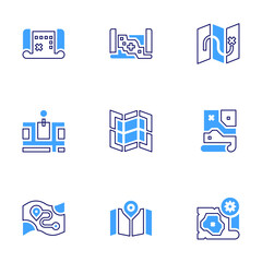 Map icon set. Bold line style. Duotone colors. Editable stroke. map, map pin, street map