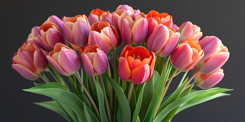 Fototapeta premium A close-up shot of a vibrant bouquet of tulips in various shades of pink, orange, and red.