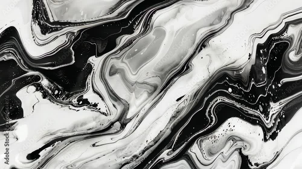 Poster explore the captivating flow of black and white paint blending together in swirling patterns, creati
