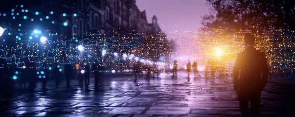 Fototapeta premium Urban Night Scene with Digital Overlay and Lights