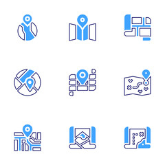 Map icon set. Bold line style. Duotone colors. Editable stroke. treasure map, map, street map, world, placeholder