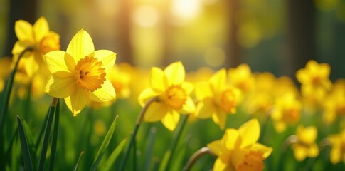 Obraz premium Carpet of daffodils basking in sunlight, green stems visible, yellow, daffodils, photography