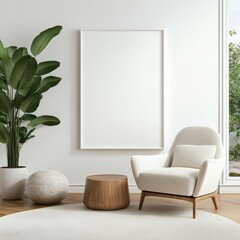 Modern Minimalist Living Room with Plant and Blank Frame