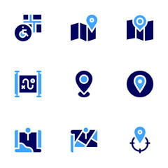 Map icon set. Bold style. Duotone colors. map, placeholder, location, map pointer, target, treasure map