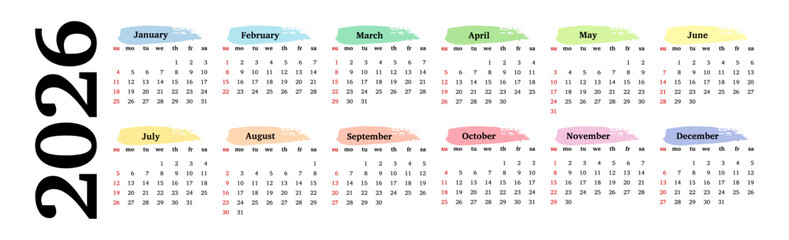 Calendar for 2026 isolated on a white background