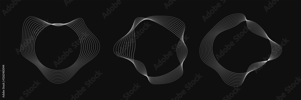 Poster set of round curved frames with dynamic wavy stripes