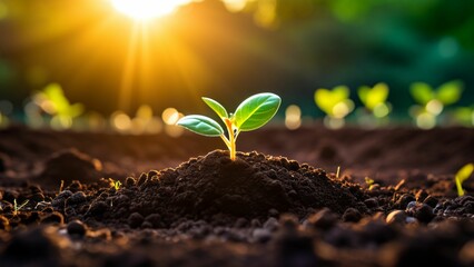 A small, glowing seed being planted in fertile soil, surrounded by scattered tools and materials, The seed represents the early-stage idea or product