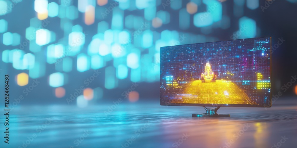 Poster modern monitor displaying digital art in soft light