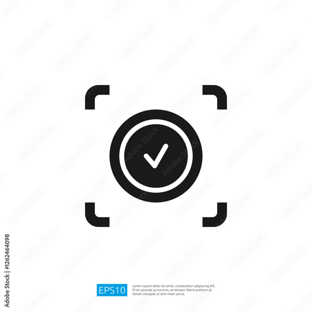 Poster this image features a simple black checkmark within a circular outline, framed by a rectangular bord