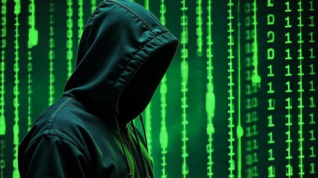 4k footage of a hooded hacker man with green binary code in the background