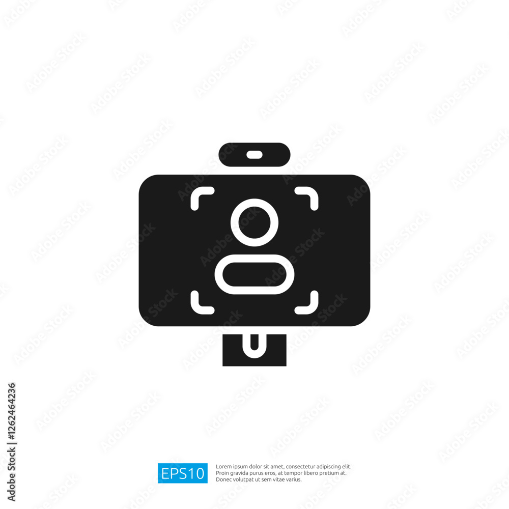 Poster a simple black icon representing a webcam or video call interface, featuring a person silhouette wit