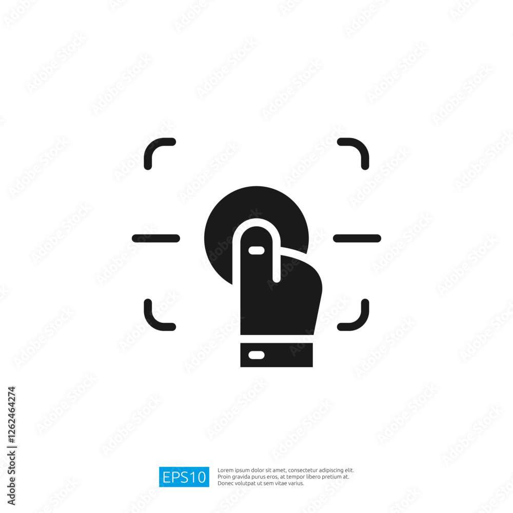 Poster the image depicts a hand pressing a button within a rectangular frame, suggesting a focus on capturi