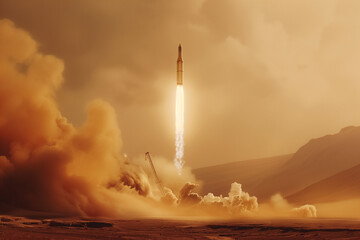 Obraz premium A rocket blasting off from the surface of Mars, with red dust clouds and the Martian landscape in the foreground.