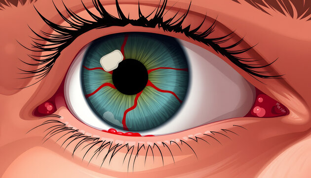 Human eye with subconjunctival hemorrhage showing visible red blood vessels and irritation, close up, clipart style. with white shades