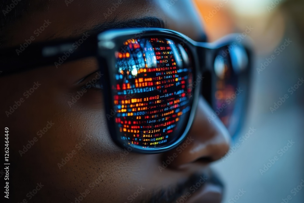 Poster reflection of programming code in sunglasses during a coding session outdoors