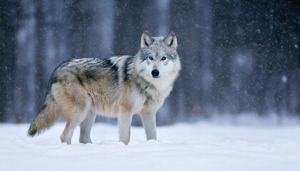 Fototapeta premium Majestic Gray Wolf in Winter's Embrace: A Serene Snowscape