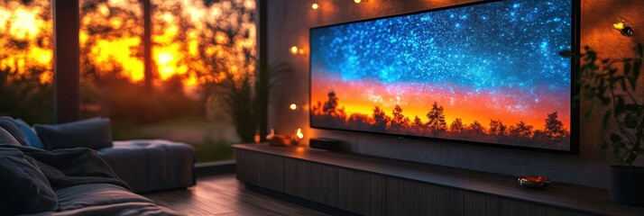 Smart home lighting control display in a cozy living space with sunset view