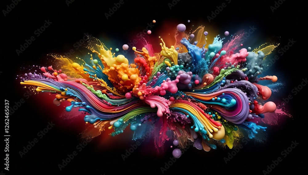 Poster an explosion of vibrant colors in a 3d 4k scene features swirling paint splashes, bubbles, and dynam