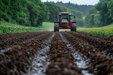 Spreading organic fertilizer on lush farm fields during a cloudy day