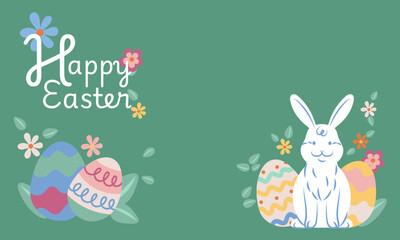 Happy easter bunny sitting near decorated eggs and spring flowers