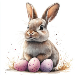 Obraz premium Easter bunny, Easter coloured eggs, daffodil flowers and green grass. Easter card. 