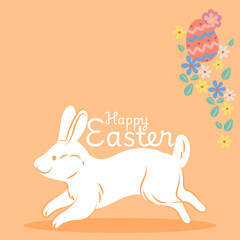 White easter bunny running with decorated egg and flowers