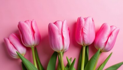 Fototapeta premium Close-up of pink tulips against a gentle pink, color, floral