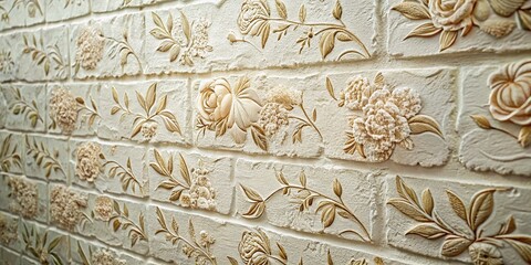 Whitewashed Brick Wall with Intricate Floral Pattern - High-Resolution Stock Photo