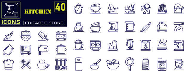 Set of outline icons related to kitchen. Includes chopping board, cooking pots, frying pan, grater, kitchen scale, and More. 