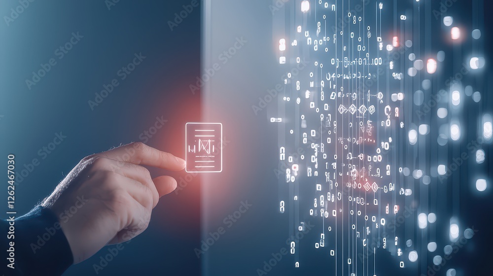 Poster hand with digital interface and data stream visuals