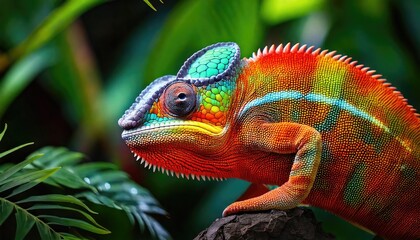 Vibrant Chameleon: A Jewel-Toned Reptile in Lush Tropical Foliage