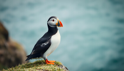 Fototapeta premium Puffin standing on a grassy cliff edge with a blurred background of the sea, vintage. with white shades