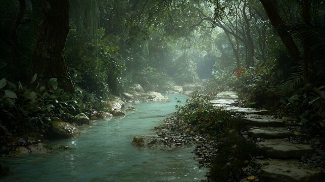 Jungle stream path, misty rainforest, tranquility, nature background, adventure game