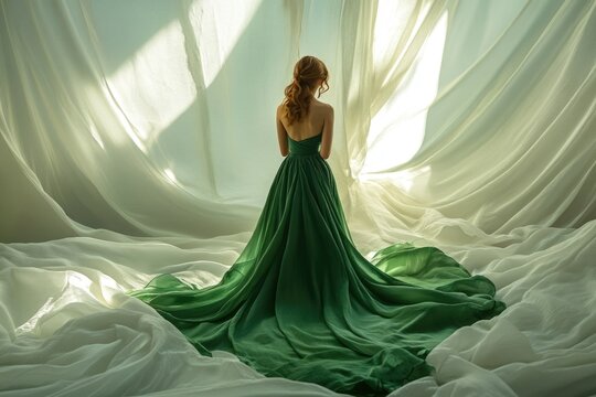 Redhead woman in elegant emerald green gown, posing against flowing white fabric, back view.