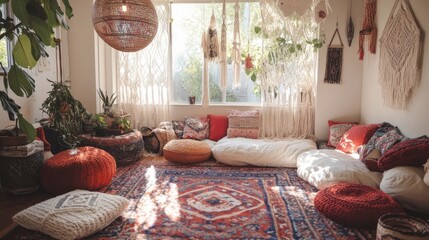 Relaxing bohemian interior filled with comfortable floor cushions and textiles