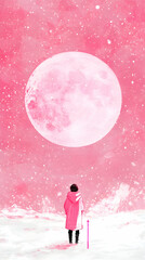 Obraz premium Pink Moon Dream: A Solitary Figure Under a Giant Pink Moon