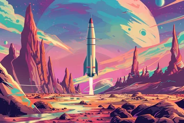 Gardinen A rocket landing on a distant alien planet, with strange, colorful landscapes and towering rock formations. © Saeed