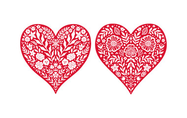 Boho Floral Heart Silhouette Set. Hand Drawn Love Wreath in Linocut Style. Celestial Flower Heart Vector Illustration Isolated on White Background. Bohemian Clipart for Logo, Poster, T Shirt Print.